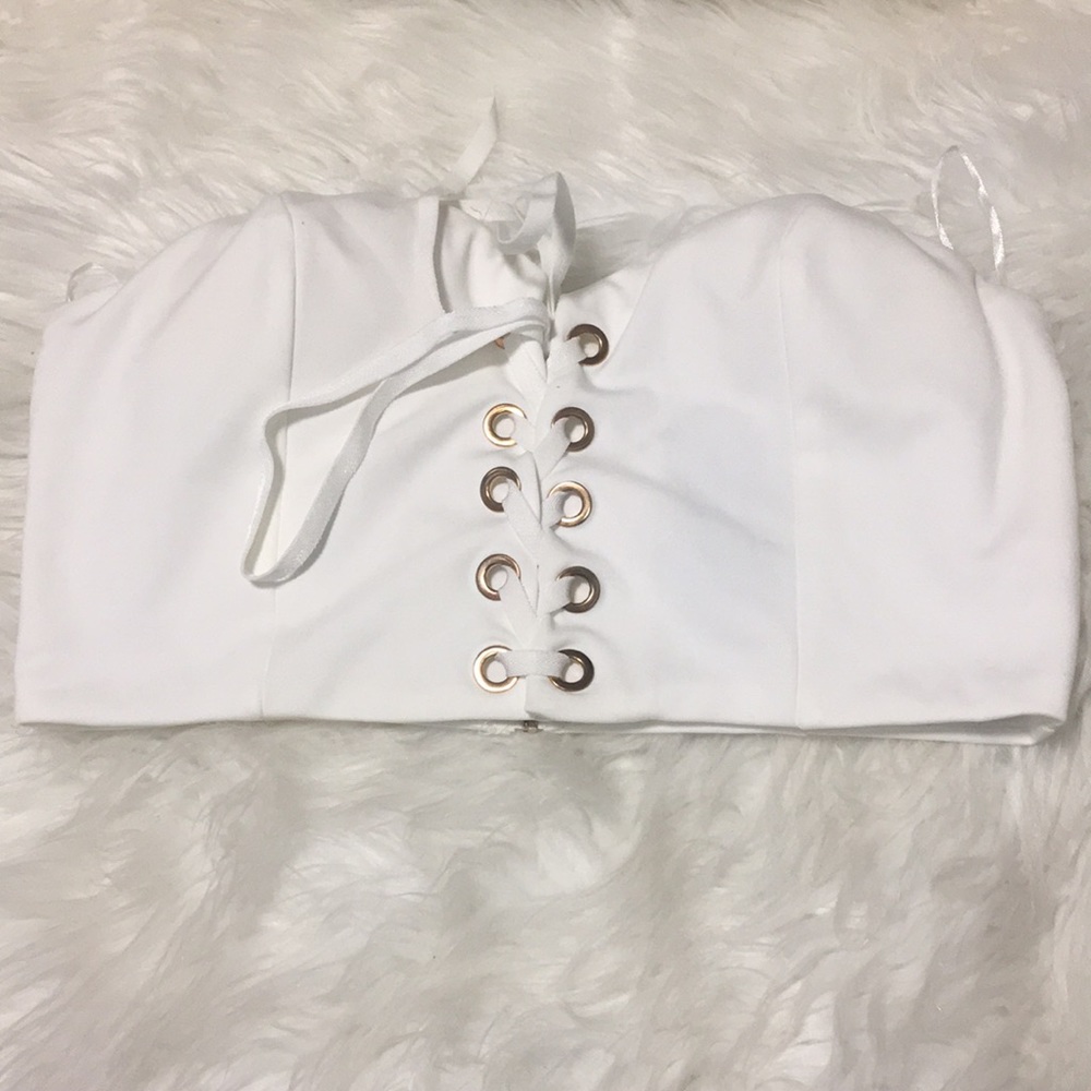 White Bustier strapless crop top.
